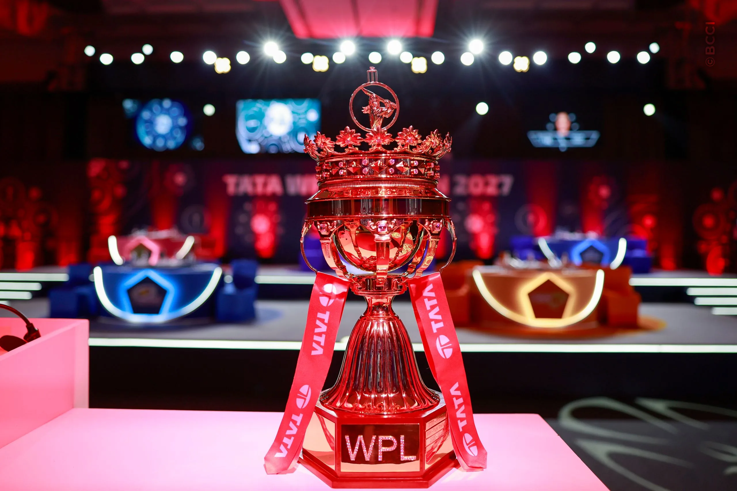 WPL trophy before the Women's Premier League Auction, held at Grand Hyatt Kochi Bolgatty, Kochi, India on 28th October 2026.Photo: Deepak Malik / CREIMAS for BCCI